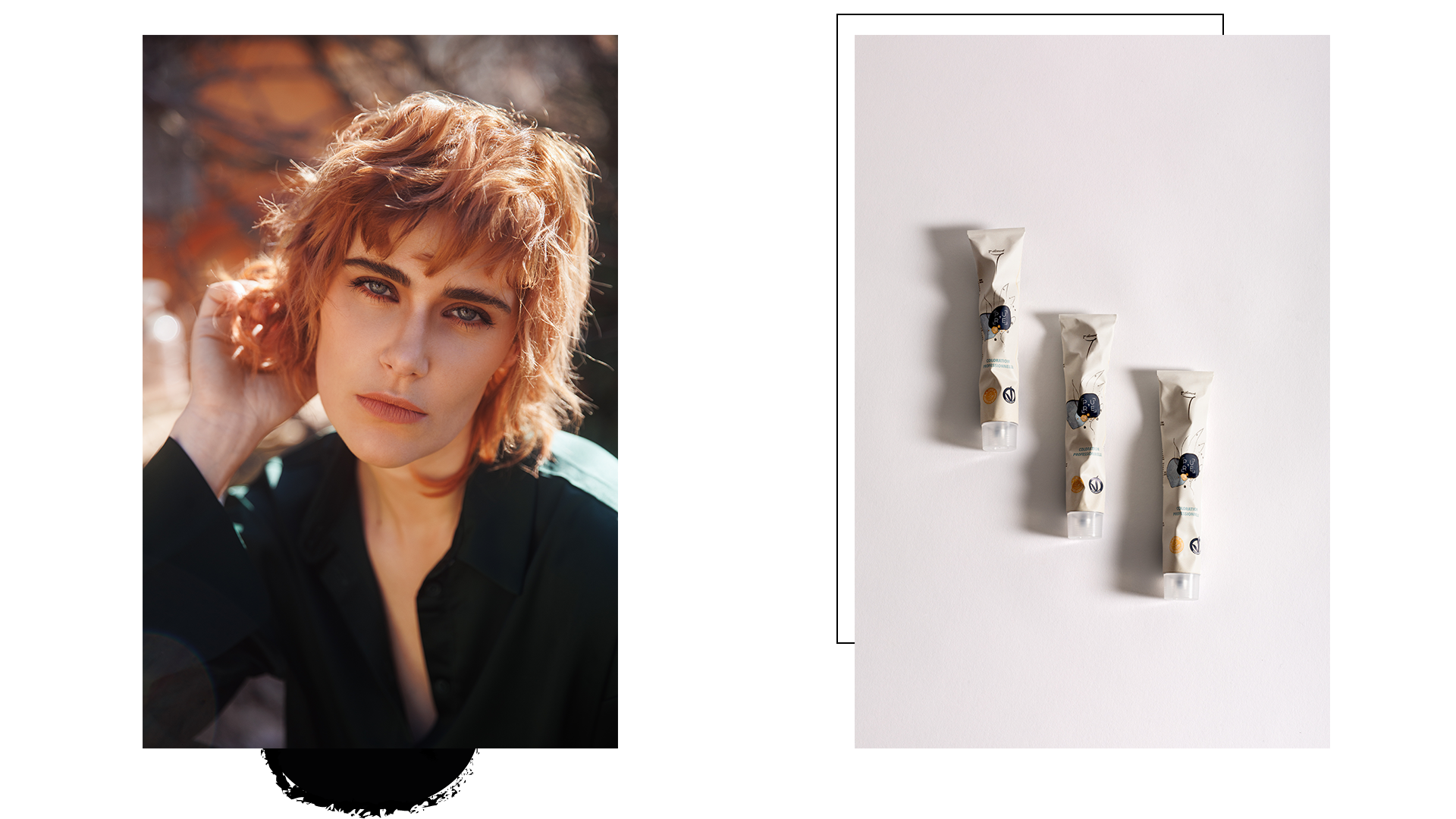 il y a deux cadres, un présentant une modèle ayant réaliser la coloration permanente et l'autre montrant les tube de la coloration permanente.