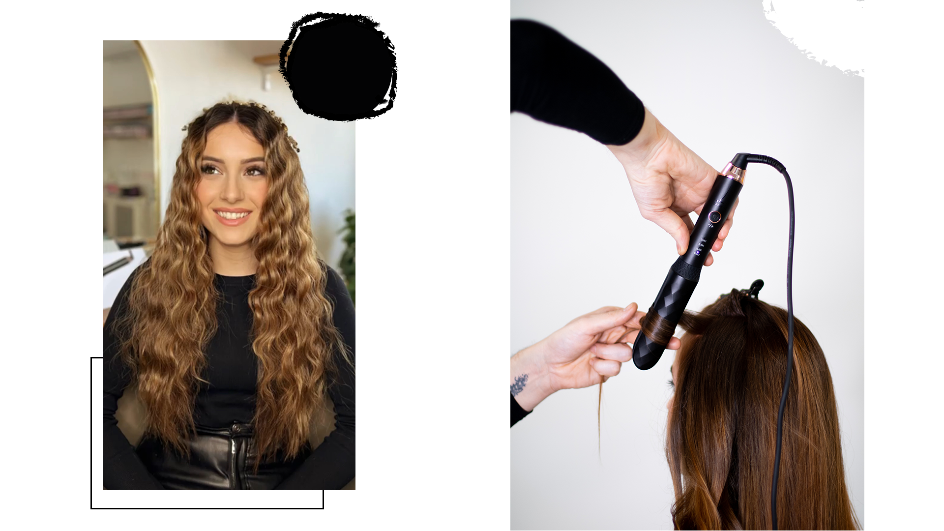 boucleur de la gamme diamond en pleine utilisation et modèle s'étant bouclé les cheveux